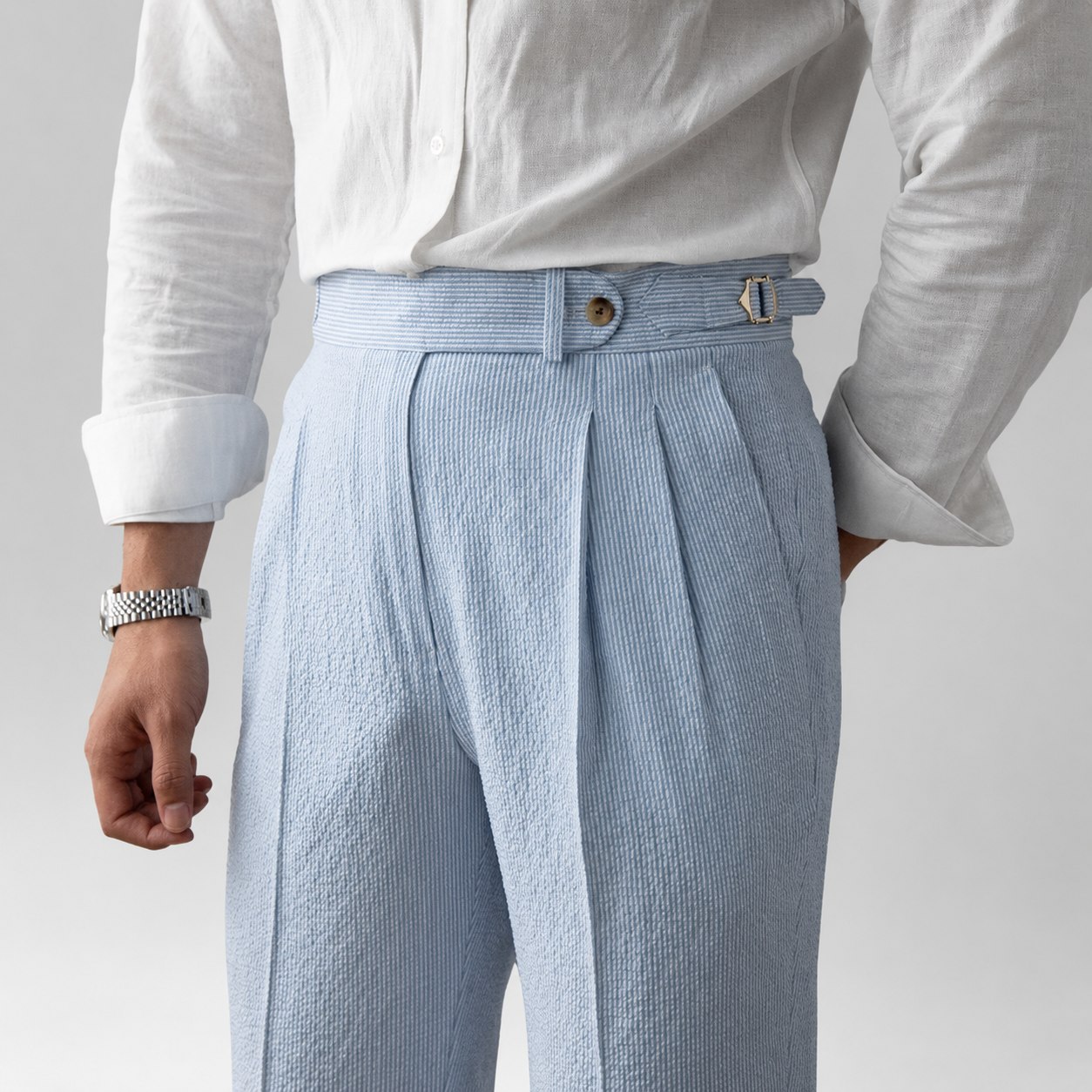 Calça Italiana de Luxo Marino Veneto — Alfaiataria Listrada com Ajuste Lateral