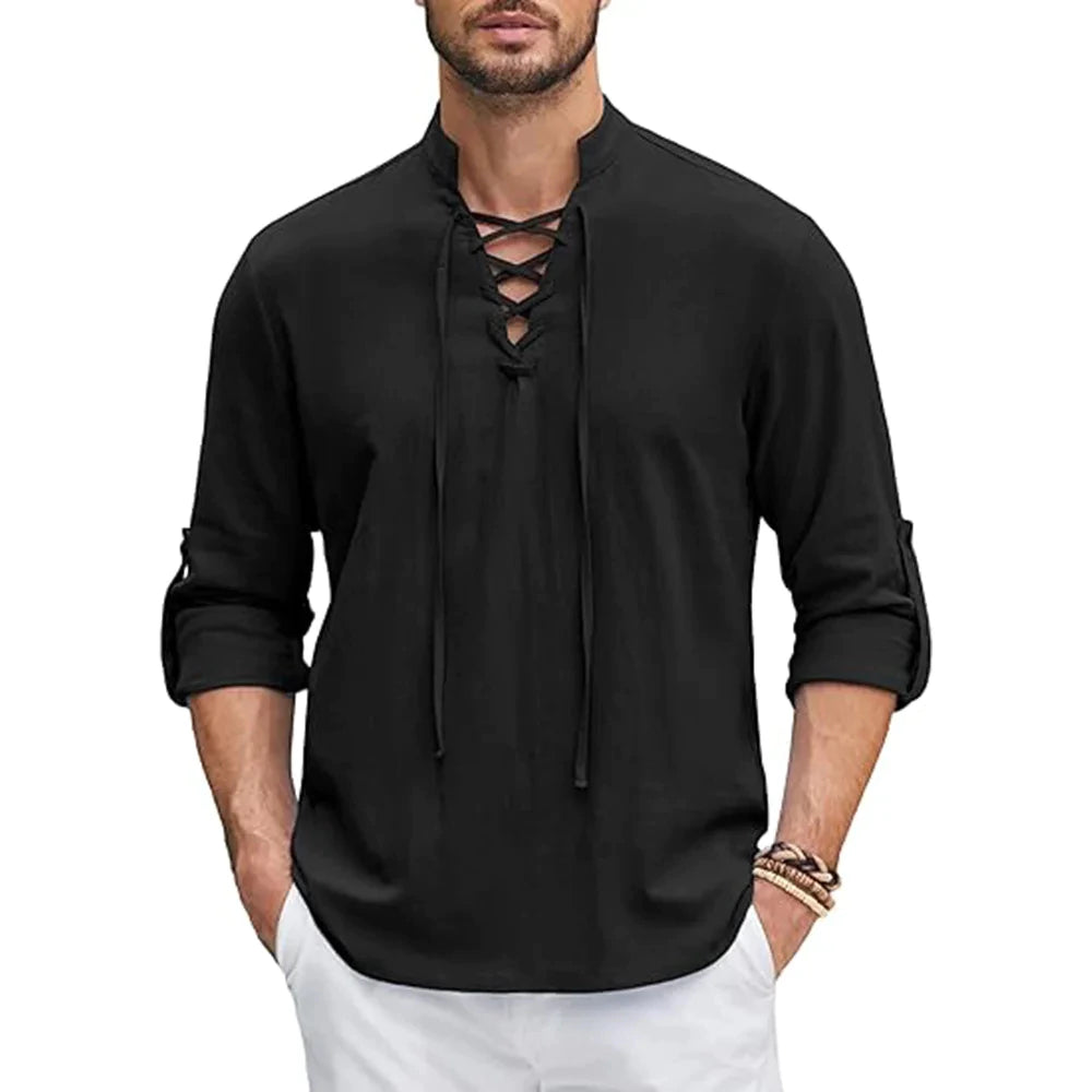 Camisa manga longa com amarração, 100% linho