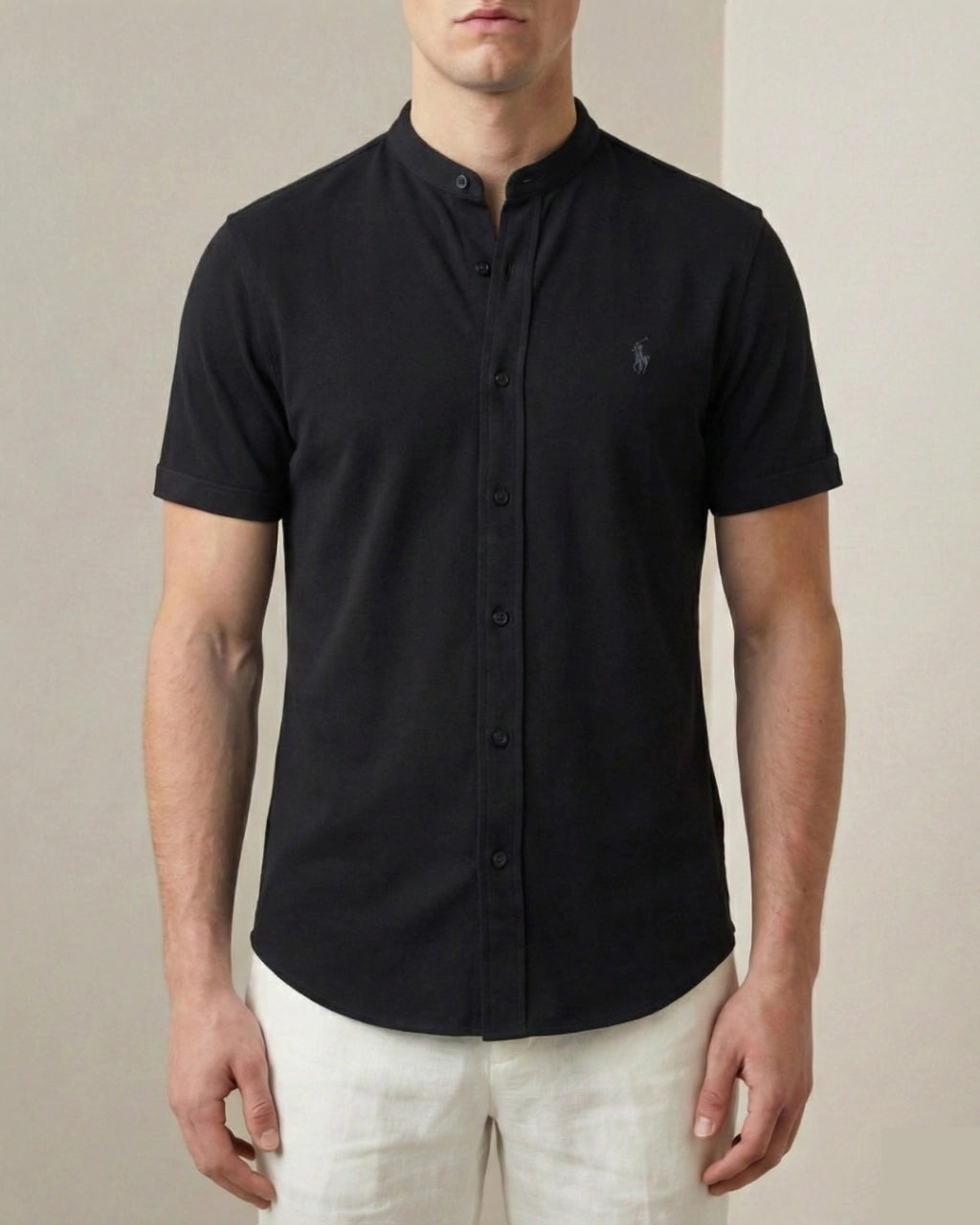Camisa Manga Curta Gola Padre 100% Algodão - Preta
