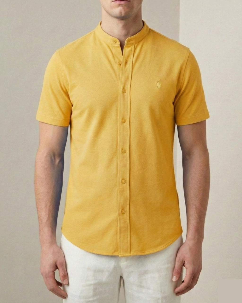 Camisa Manga Curta Gola Padre 100% Algodão - Amarela