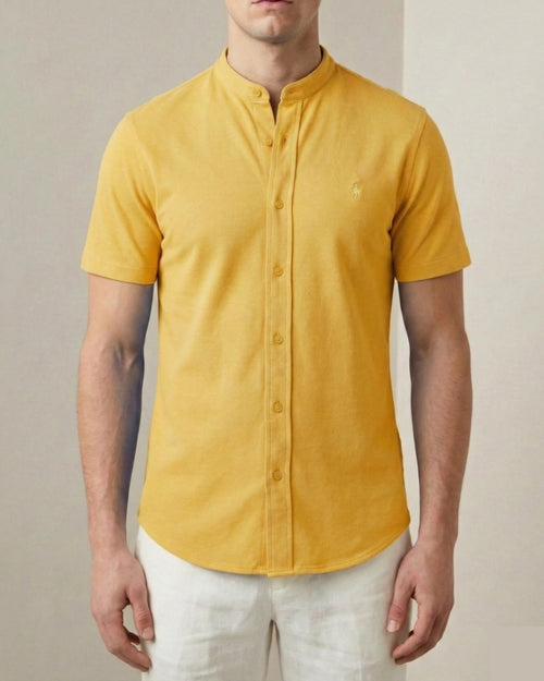 Camisa Manga Curta Gola Padre 100% Algodão - Amarela