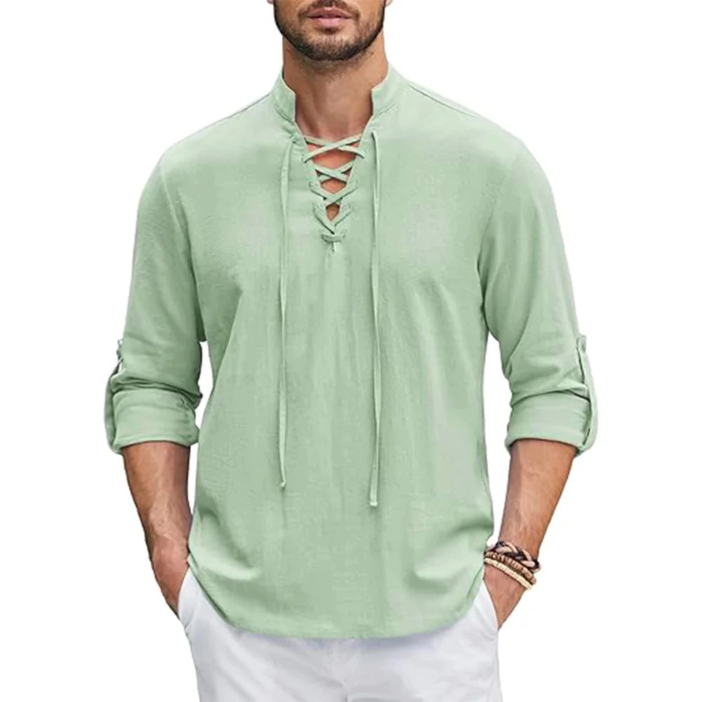 Camisa manga longa com amarração, 100% linho