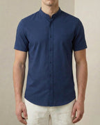 Camisa Manga Curta Gola Padre 100% Algodão - Azul Marinho