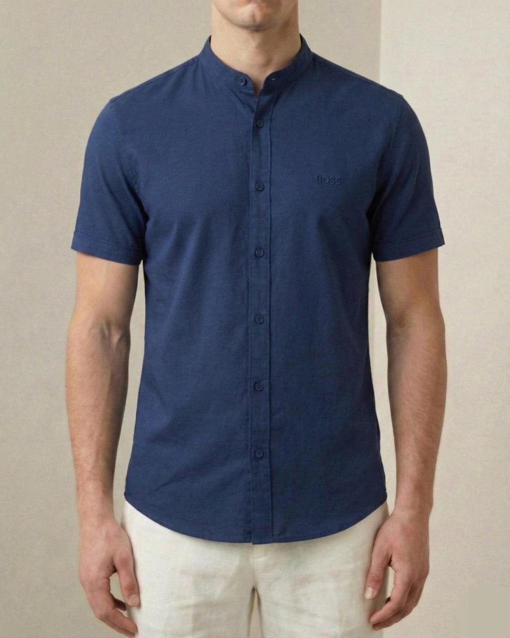 Camisa Manga Curta Gola Padre 100% Algodão - Azul Marinho